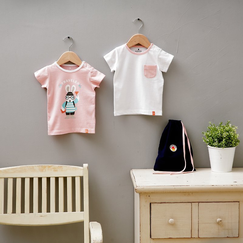 【小兔子旅行者兩件組】嬰幼兒短袖純棉T恤 口袋上衣 (贈小袋子)--粉色 - 其他 - 棉．麻 粉紅色