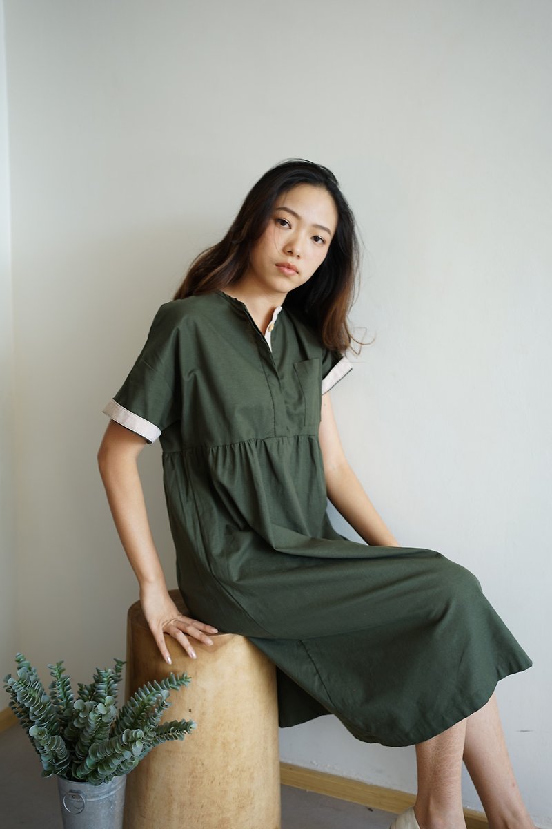 寬版短袖牛津棉布料洋裝 _ LOOKPEAR : 綠色 - 洋裝/連身裙 - 棉．麻 綠色