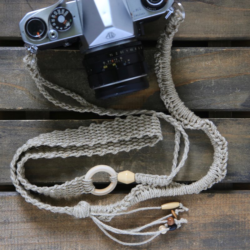 New work/wood ring hemp string camera strap/belt - ขาตั้งกล้อง - ผ้าฝ้าย/ผ้าลินิน สีกากี