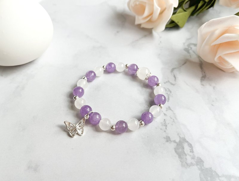 [Dream Butterfly] Lavender Amethyst White Chalcedony 925 Sterling Silver Bracelet - Bracelets - Crystal Purple