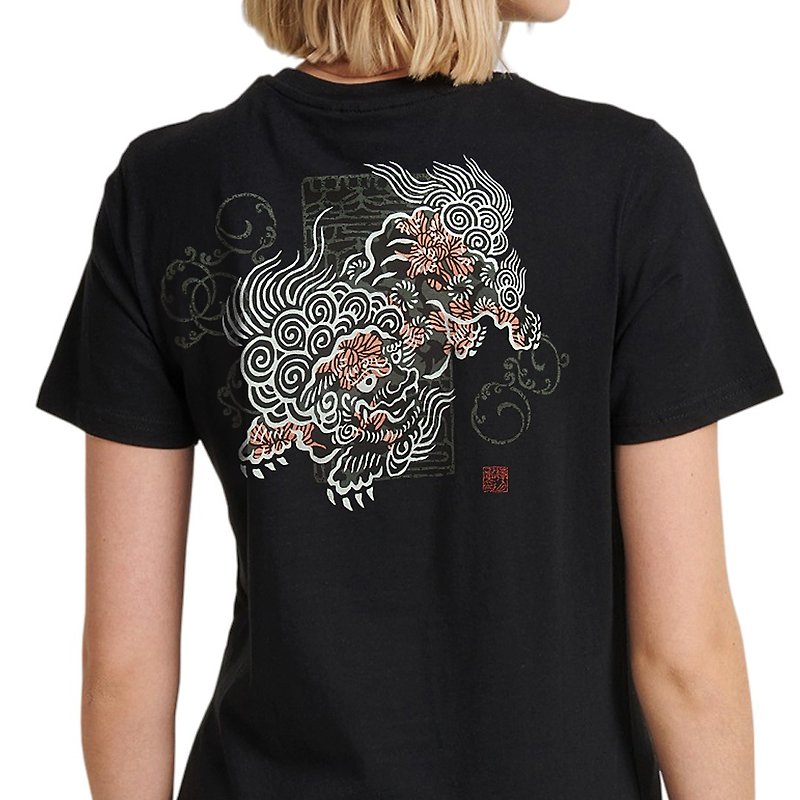 日本製アートTシャツ 唐獅子牡丹 綿100% ユニセックス 黒 - 女 T 恤 - 棉．麻 黑色