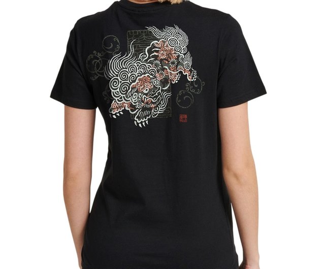 日本製アートTシャツ唐獅子牡丹綿100% ユニセックス黒WAJIN Art