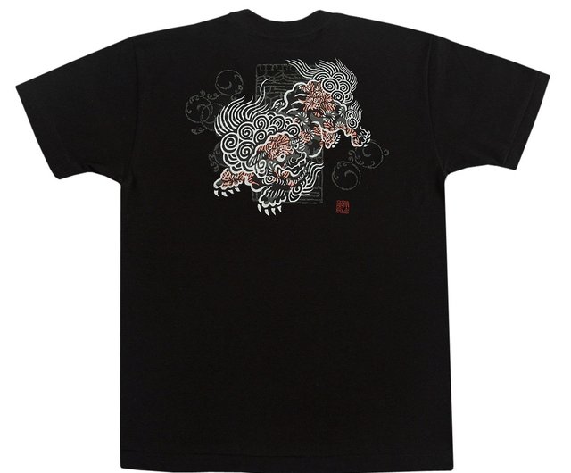 日本製アートTシャツ 唐獅子牡丹 綿100% ユニセックス 黒 - ショップ