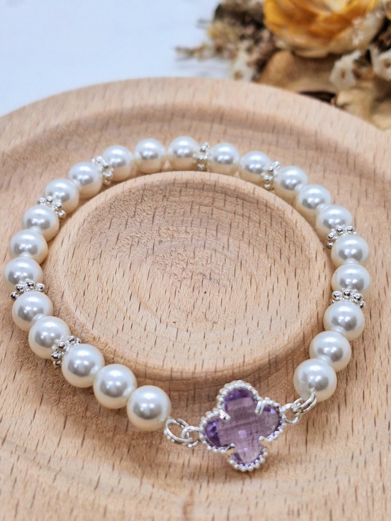奧地利幸運草紫晶白貝珠手串 - 手鍊/手環 - 水晶 