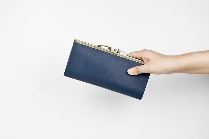 Leather Wallet, Kisslock Frame Purse, Long Wallet,Navy blue - กระเป๋าสตางค์ - หนังแท้ สีน้ำเงิน
