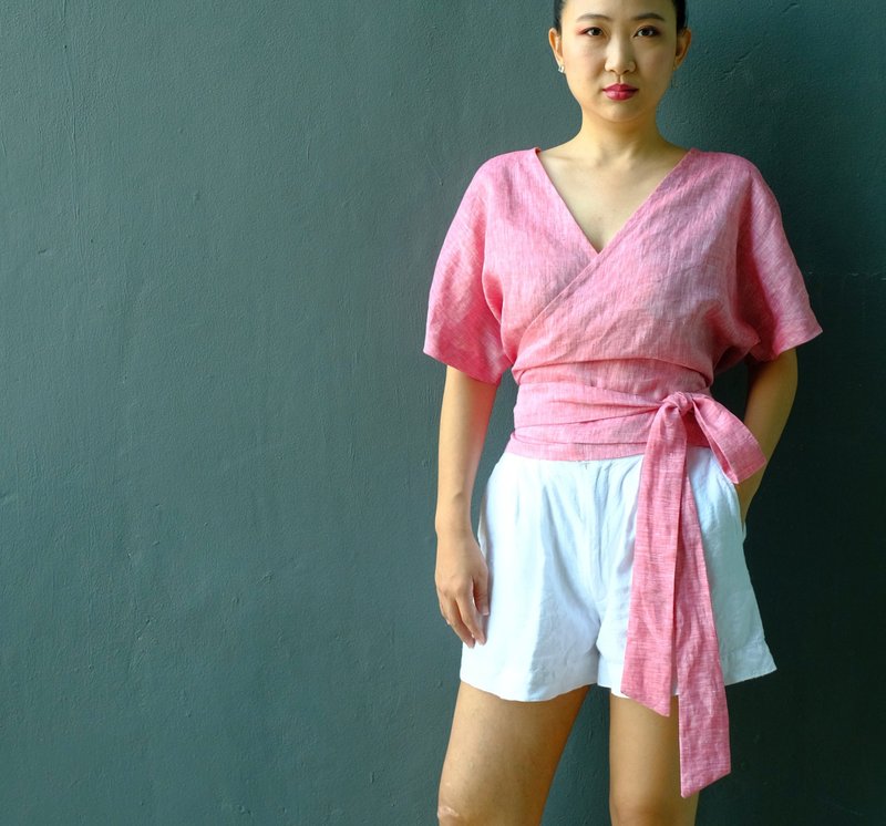 HANA wrap tie blouse top short sleeve in red chambray linen 100% - 女裝上衣 - 亞麻 紅色