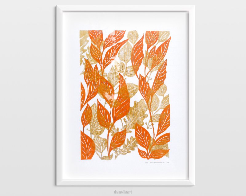 Gold and brown modern poster Original artwork Fall leaves art Linocut print - โปสเตอร์ - กระดาษ สีส้ม