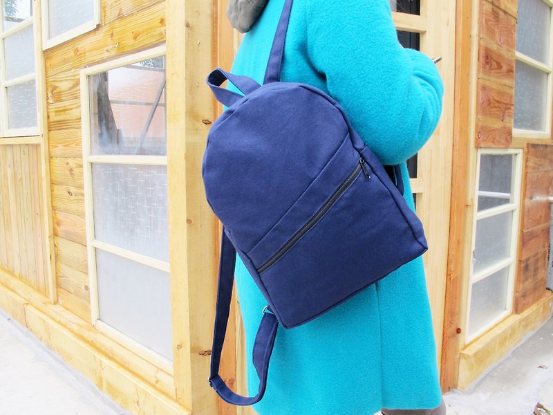 [Minimalist idea of navy blue] Backpack/Taiwan canvas with inner YKK zipper - กระเป๋าเป้สะพายหลัง - ผ้าฝ้าย/ผ้าลินิน สีน้ำเงิน