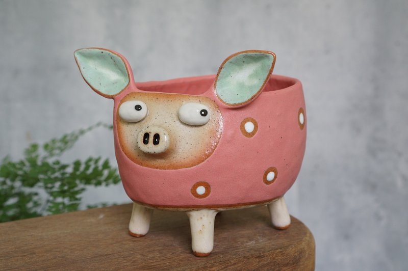 Pig pot , cactus , handmade ceramic , pottery - 花瓶 - 陶 粉紅色