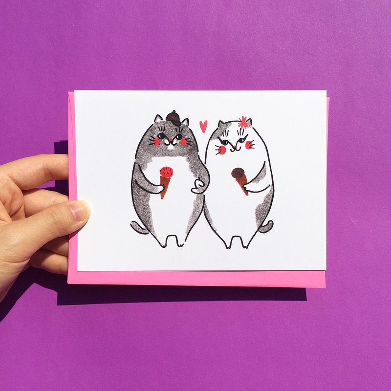 Greeting Card - Cat Ice Cream Couple Card - Cards & Postcards - Paper 