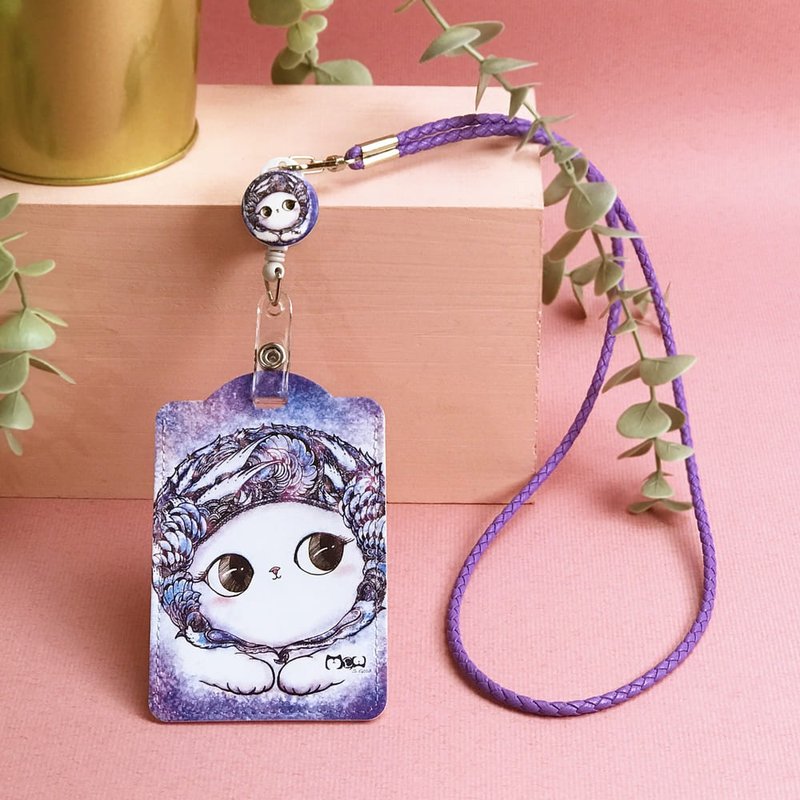 Lanyard Card Holder | Leisure Card Holder | Identification Card Holder | Student Card-Playful Warm Cat - ID & Badge Holders - Faux Leather Purple