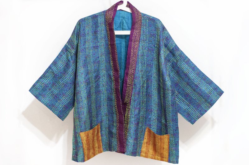 Hand-stitched saree blouse/silk embroidered kimono jacket/Indian silk embroidered thin jacket-French style - เสื้อแจ็คเก็ต - ผ้าไหม หลากหลายสี