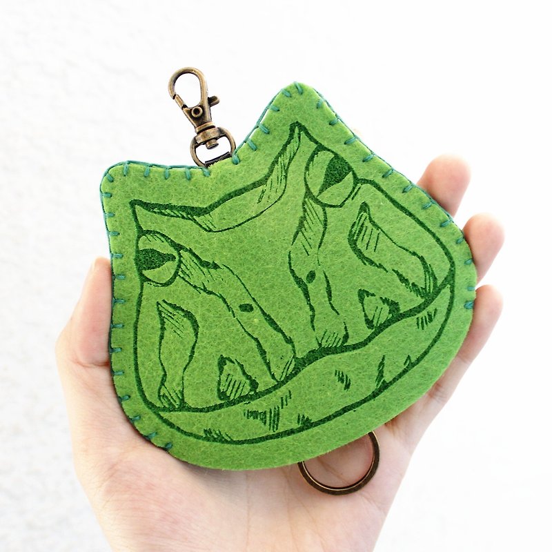 Animal-爬蟲類系列-羊毛氈手縫鑰匙套鑰匙包Key sets/綠角蛙-青綠 - 鑰匙圈/鎖匙扣 - 羊毛 綠色