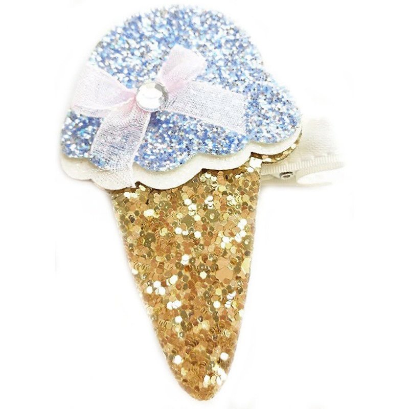 Ice Cream Cone Hairpin Full Covered Fabric Handmade Hair Accessories Ice Cream Sparkle Bow-Blue - เครื่องประดับผม - เส้นใยสังเคราะห์ สีน้ำเงิน