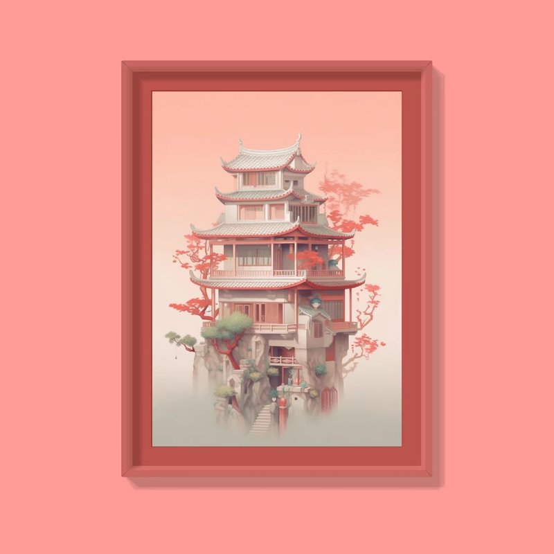 AI插畫藝術 中國式房子 8K藝術微噴裝飾畫 - 電子似顏繪/繪畫/插畫 - 紙 紅色