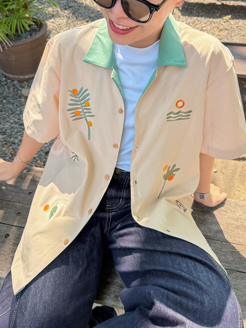夏威夷棉襯衫 Casual Hawaii Shirt : Tropical Mint Green - 女襯衫 - 棉．麻 綠色