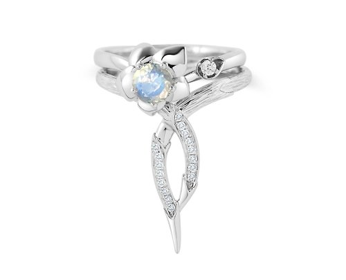 Majade Jewelry Design 月光石14k鑽石訂婚結婚戒指套裝 花卉白金戒指組合 蘭花藤蔓戒指