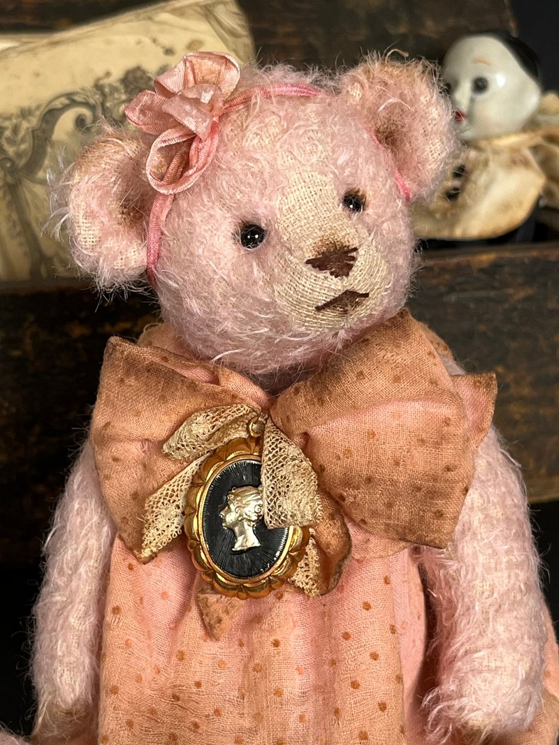 Vintage dressed Pink Mohair Teddy Bear Dolly  22 cm - Stuffed Dolls & Figurines - Other Materials Pink