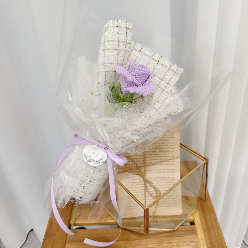 Wool pink and purple rose Valentine's Day bouquet with carrying bag - Dried Flowers & Bouquets - Cotton & Hemp Purple