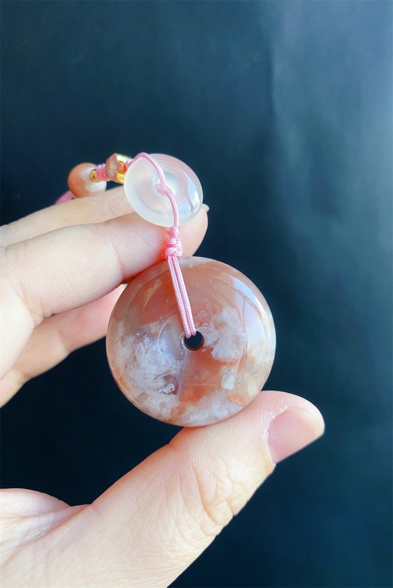 【售出】櫻花瑪瑙 平安扣 牛血紅 水中花 意境美 天然石 禮物 手 - 手機掛繩/背帶 - 水晶 粉紅色