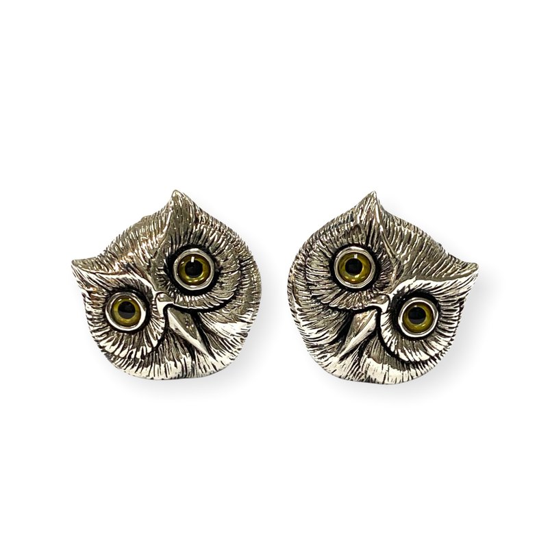 Vintage Style Owl Head with Glass Eyes Cufflinks 925 Sterling Silver Mens Gift - กระดุมข้อมือ - เงินแท้ สีเงิน