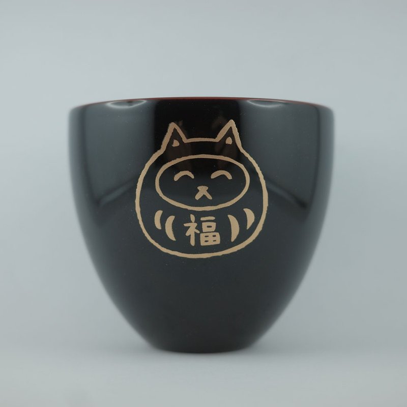 Echizen Lacquer Neko Daruma's Full of Blessings All-purpose Cup Comes with Handwritten Paulownia Wood Box - Cups - Resin Black