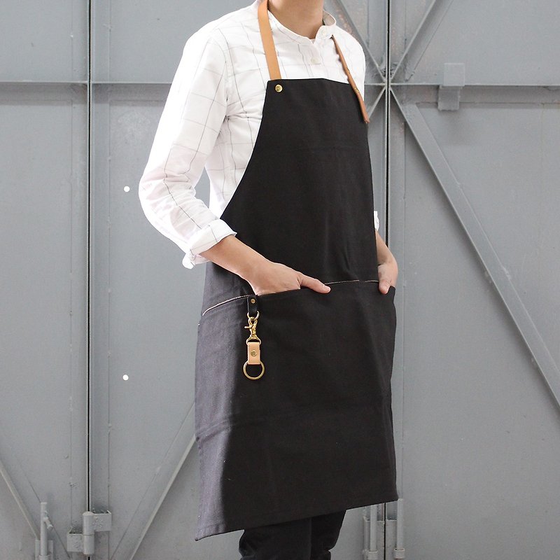 DailyAPRON black canvas apron with leather strap and brass keyring - Aprons - Cotton & Hemp 