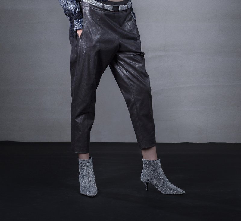 Metallic Cotton-Linen Blend Low Rise Tapered Pants - กางเกงขายาว - ผ้าฝ้าย/ผ้าลินิน 