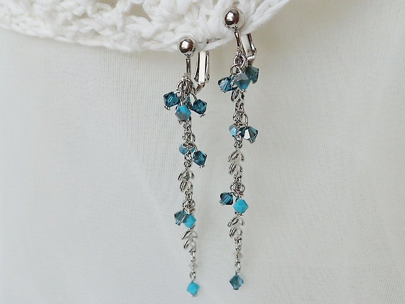 花草風　 銀彩　施華洛世奇元素　夾式 耳環 (一對) - 耳環/耳夾 - 玻璃 藍色