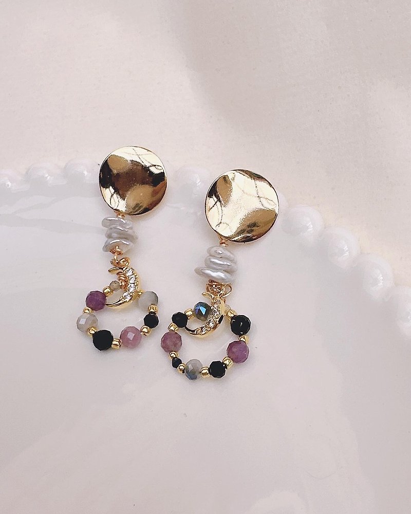 C&W natural amethyst black spindle freshwater pearl 14ks925 wavy disc earrings - Earrings & Clip-ons - Jade Gold