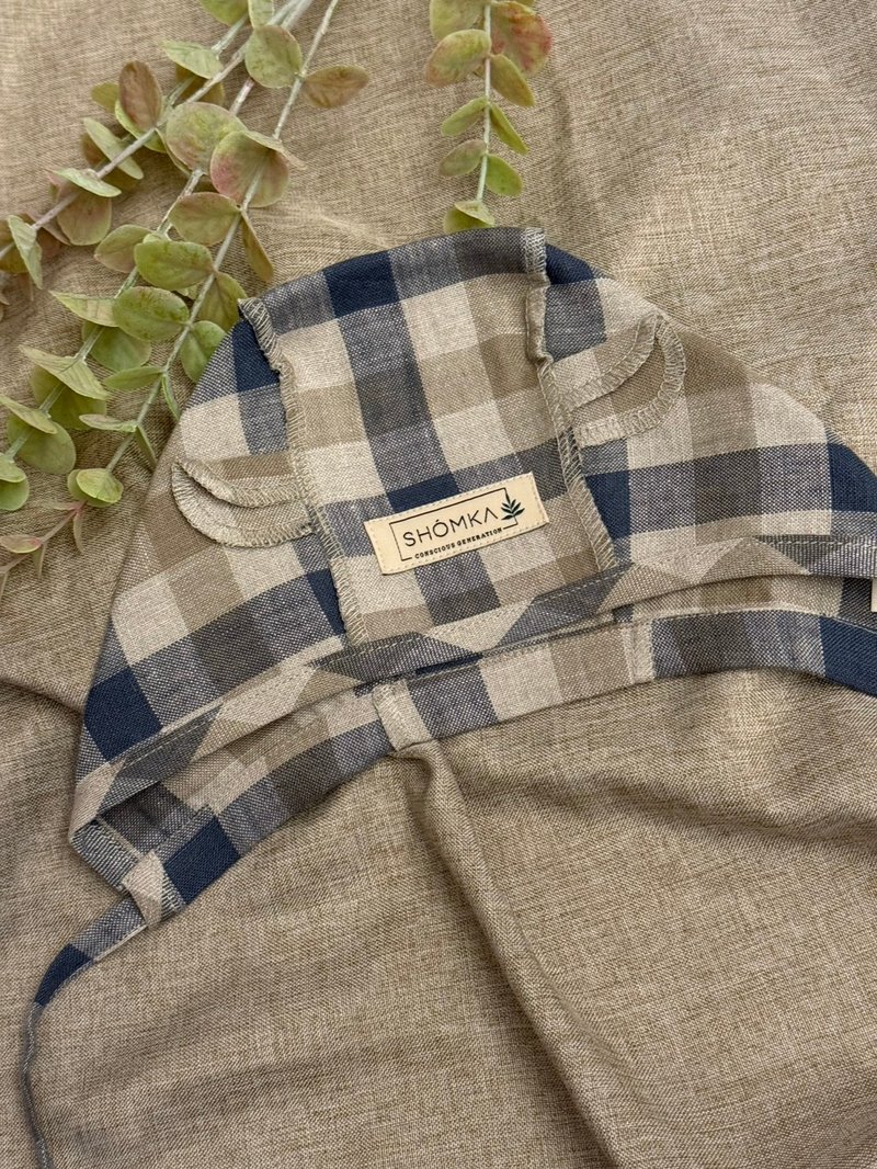 灰藍格紋小熊新生軟帽 - 嬰兒帽子/髮帶 - 亞麻 藍色