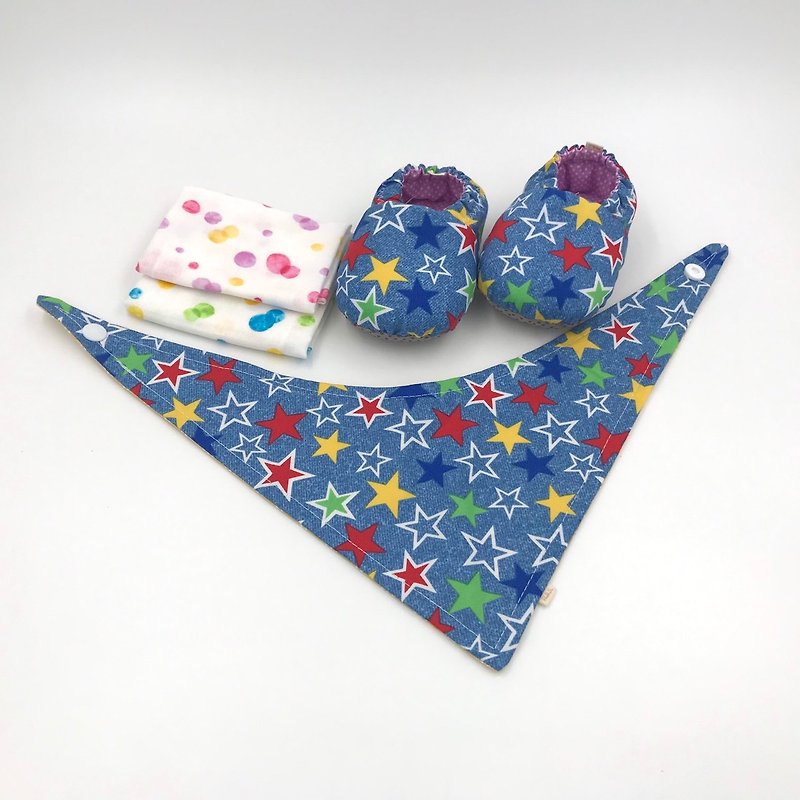 Colorful stars - Mi Yue gift box (toddler shoes / baby shoes / baby shoes + 2 handkerchief + scarf) - ของขวัญวันครบรอบ - ผ้าฝ้าย/ผ้าลินิน สีน้ำเงิน