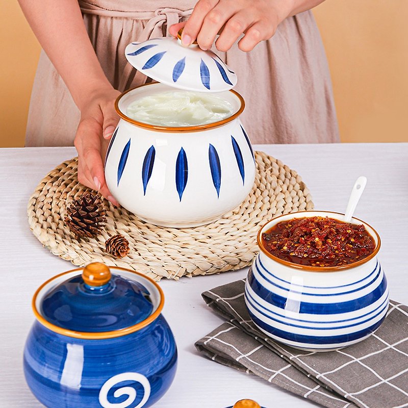 日式手繪釉下彩豬油罐 家用廚房陶瓷調味瓶鹽罐耐高溫大容量帶蓋 - 調味瓶/調味架 - 瓷 