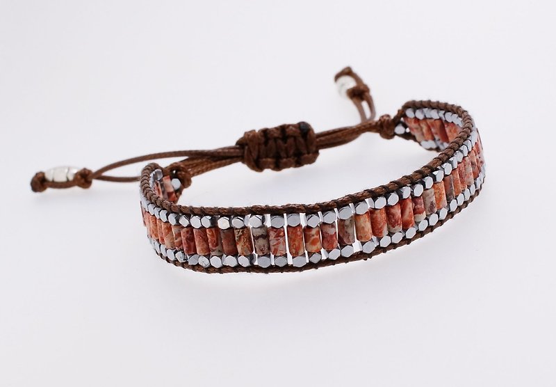 手織小柱管紅豹紋黑膽石拉繩手錬 ( Handmade Gems Bracelet ) - 手鍊/手鐲 - 寶石 粉紅色