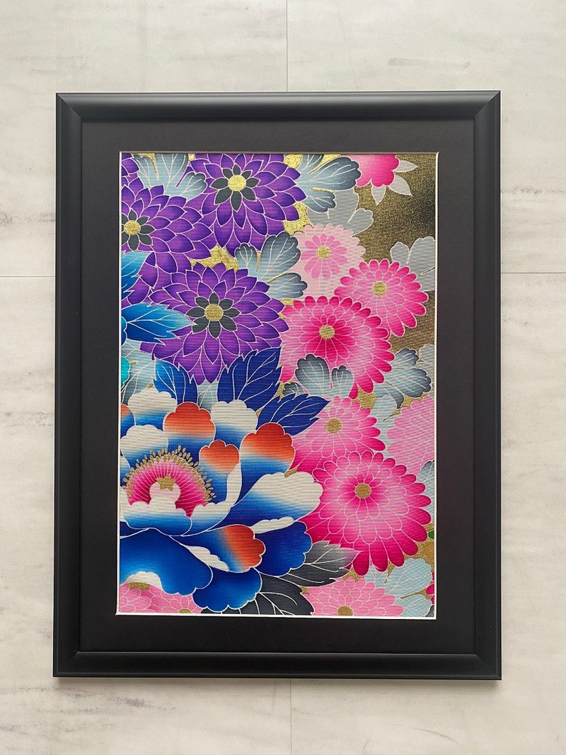 色打掛からつくるアートパネル　vintage 友禅着物 和モダン 和風インテリア プレゼント 花柄 結婚祝 新築祝 長寿祝 縁起物 額装インテリア　23 - ウォールデコ・壁紙 - シルク・絹 ブラック