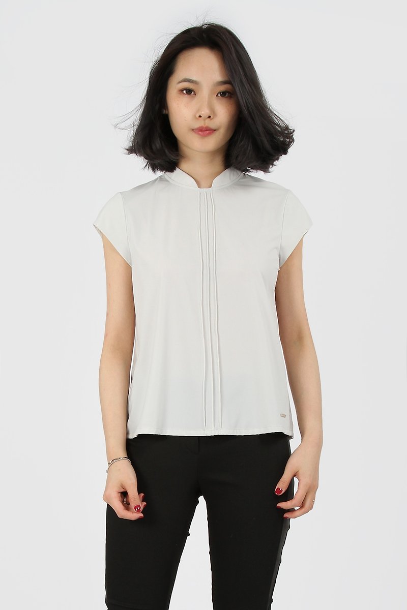 Small Collar Umbrella Suction Short Sleeve Shirt - Beige - Women's Tops - Polyester Gray