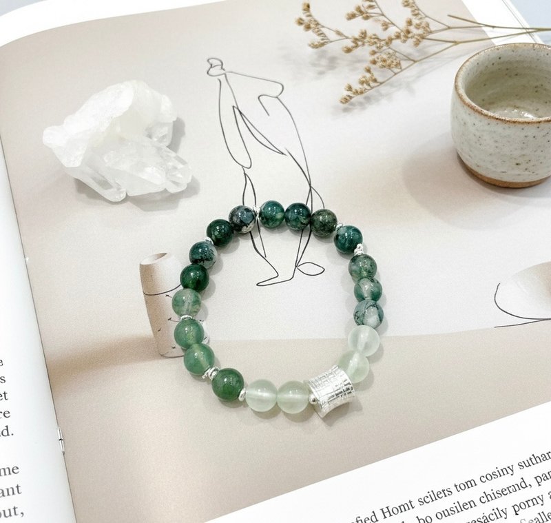 Ops Moss Agate bracelet - 水草瑪瑙/葡萄石/純銀/心輪療癒/手鍊 - 手鍊/手鐲 - 寶石 綠色