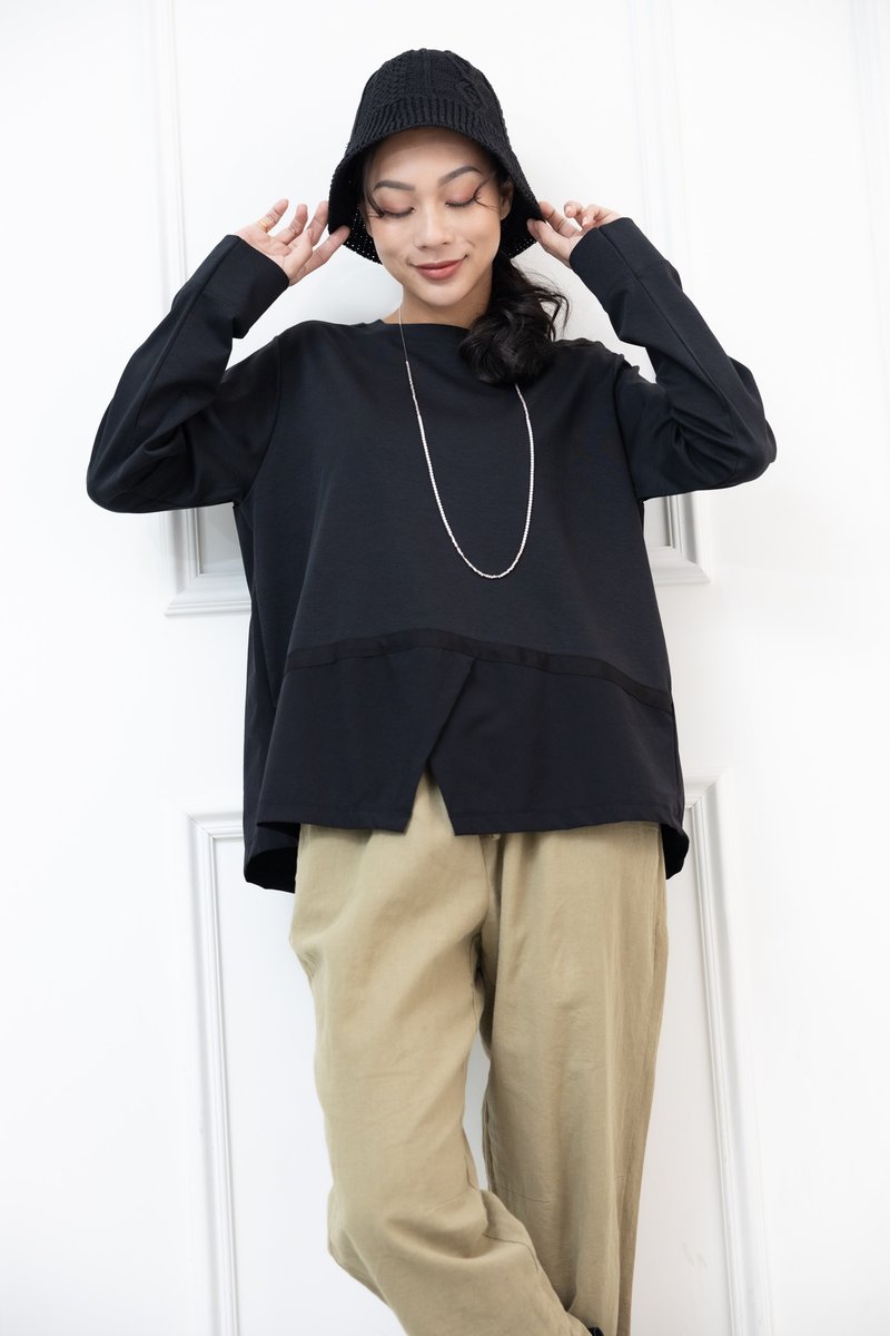 下擺綴織帶異材質拼接上衣 黑色 - 女上衣/長袖上衣 - 其他材質 黑色