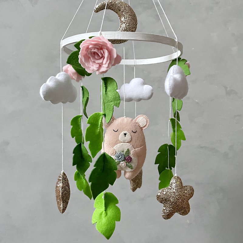 Woodland baby mobile girl, Bear crib mobile girl, Floral girl nursery mobil - Kids' Toys - Eco-Friendly Materials Pink