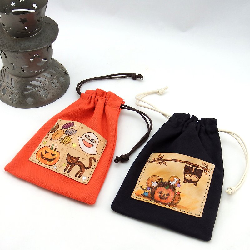 Halloween little devil came out to eat sugar - bunch of small things storage bag - กระเป๋าเครื่องสำอาง - หนังแท้ สีส้ม