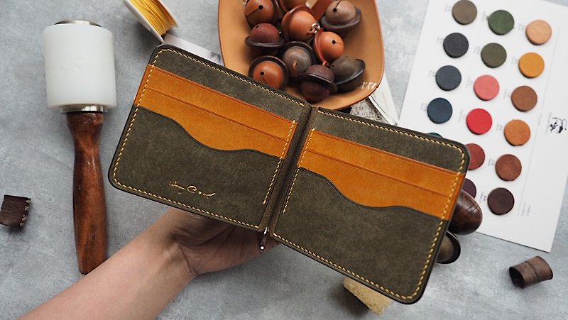 Purely handmade cowhide spring clip wallet wallet card holder customized engraving gift color style can be customized - Wallets - Genuine Leather Multicolor