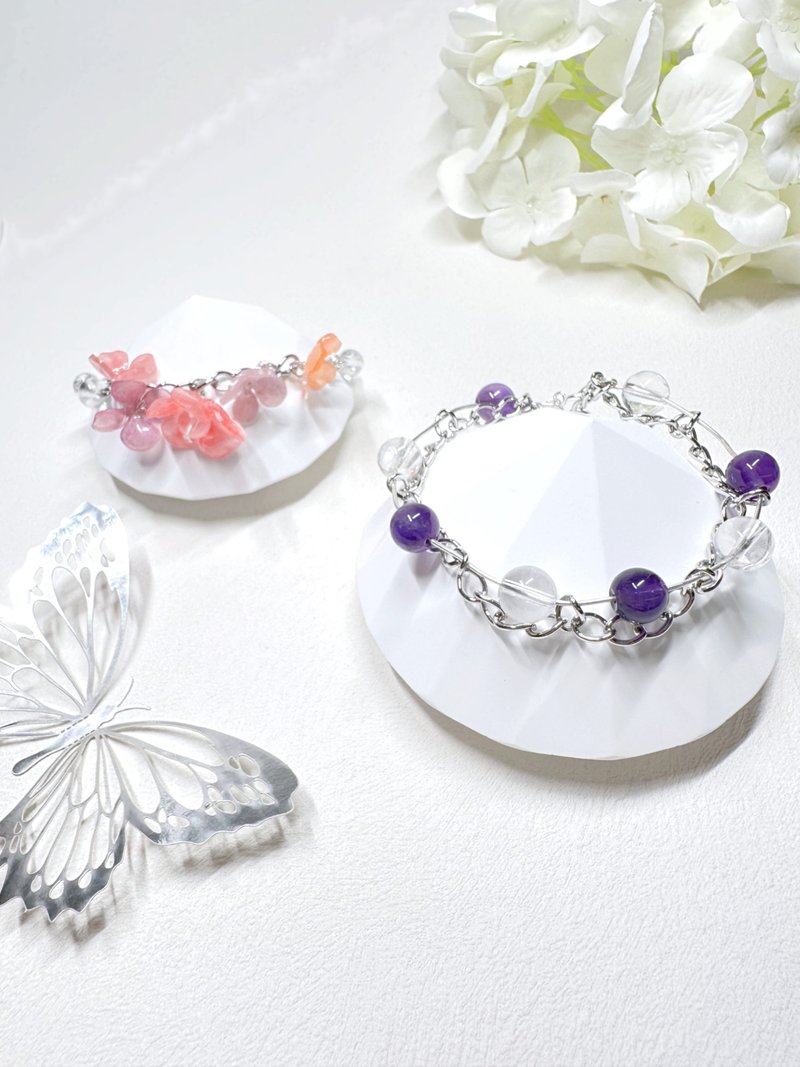 紫水晶 Amethyst + 白水晶 Clear Quartz 手鏈 - 手鍊/手環 - 水晶 