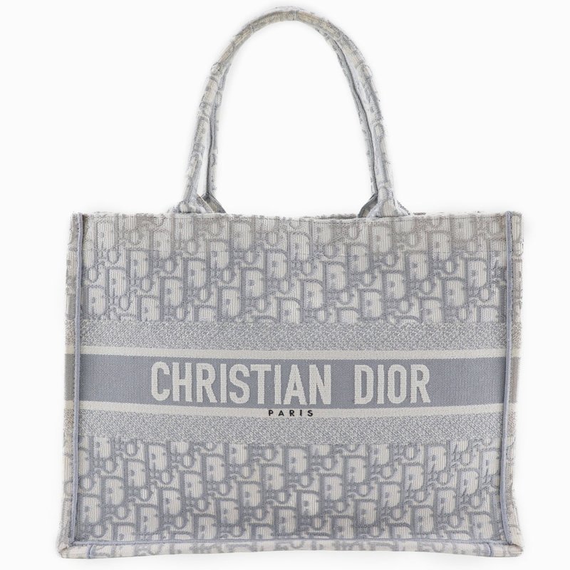【日本直送】クリスチャンディオール Dior ブックトート ミディアム トートバッグ オブリーク エンブロイダリー コットン ライトグレー レディース【中古】 - 手提包/手提袋 - 棉．麻 灰色