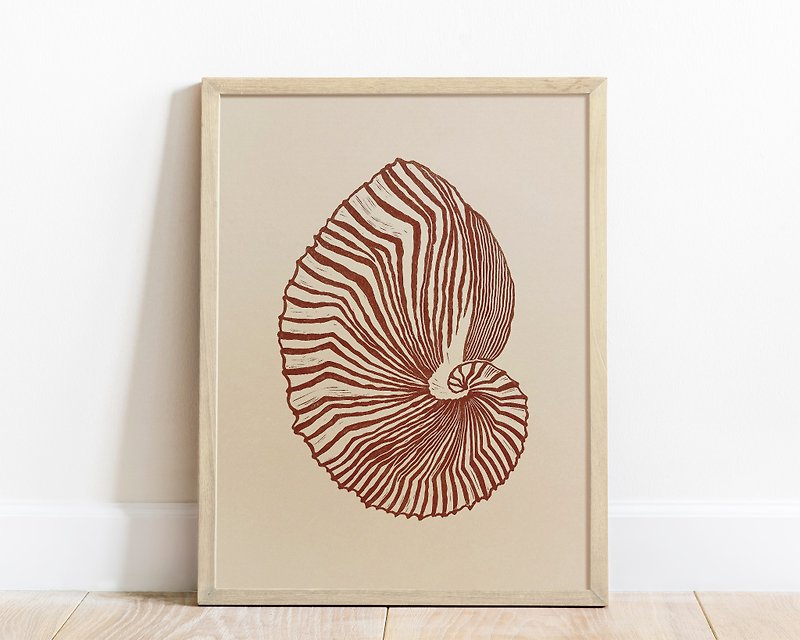 Beige and brown sea shell art Linocut print Nautical wall decor Original artwork - Posters - Paper Brown