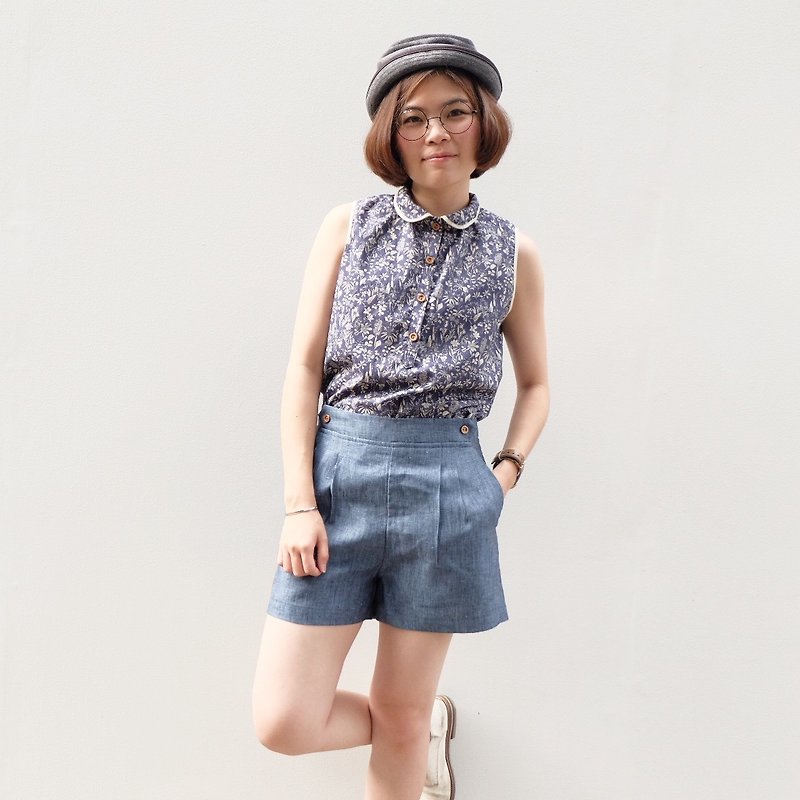 Cozy Shorts - Blue Linen - 女長褲 - 棉．麻 藍色