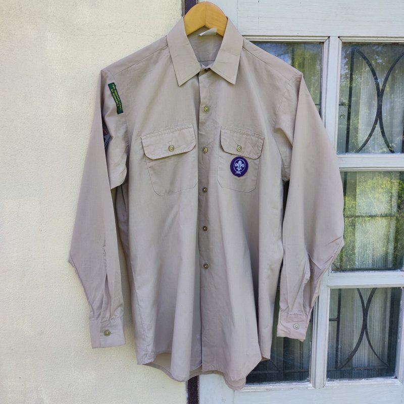 Vintage 80s Boy Scouts Of America BSA Uniform Shirt Long Sleeve with Patches - Men's Shirts - Cotton & Hemp Khaki