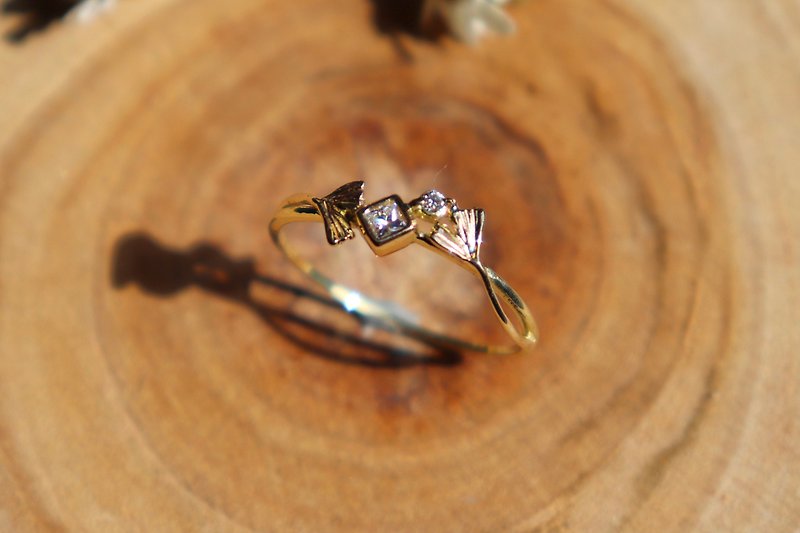 [Flower bed a kadan series] Ginkgo ring / natural diamond princess diamond / k18 - แหวนทั่วไป - เครื่องประดับ สีทอง