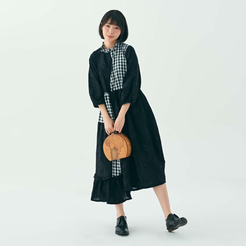 Spring new  cotton black  white plaid splicing wedding dress - ワンピース - コットン・麻 ホワイト