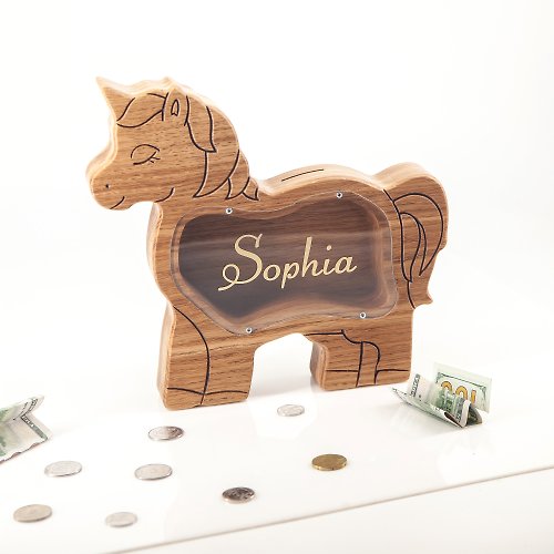 DejavuWoodKids Unicorn piggy bank Customized gift girl coin bank wooden animal Christmas custom