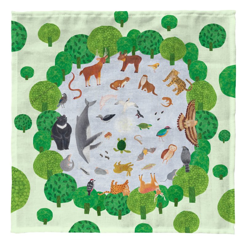 Taiwan animal medicine wheel original illustration hand-sewn cotton handkerchief/square scarf dark green/light green - ผ้าเช็ดหน้า - ผ้าฝ้าย/ผ้าลินิน 